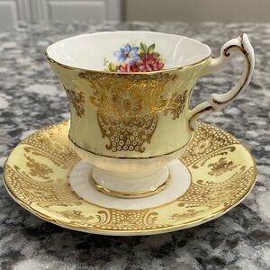 VTG Paragon Fine Bone China Yellow Gold Teacup and Saucer with Floral Motifs
